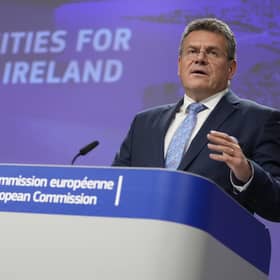 European Commissioner for Inter-institutional Relations and Foresight Maros Sefcovic speaks during a media conference regarding trade and Northern Ireland at EU headquarters in Brussels