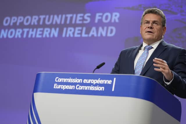 European Commissioner for Inter-institutional Relations and Foresight Maros Sefcovic speaks during a media conference regarding trade and Northern Ireland at EU headquarters in Brussels
