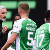 Aberdee Manager Jim Goodwin shakes hands with Hibernian's Ryan Porteous at full time during a cinch Premiership match between Hibernian and Aberdeen at Easter Road, on September 17, 2022.