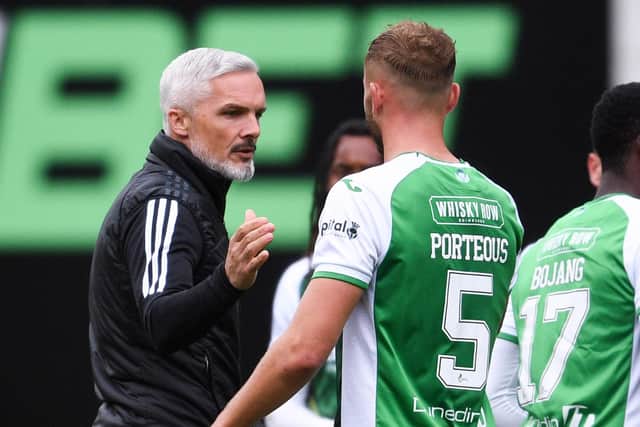Aberdee Manager Jim Goodwin shakes hands with Hibernian's Ryan Porteous at full time during a cinch Premiership match between Hibernian and Aberdeen at Easter Road, on September 17, 2022.