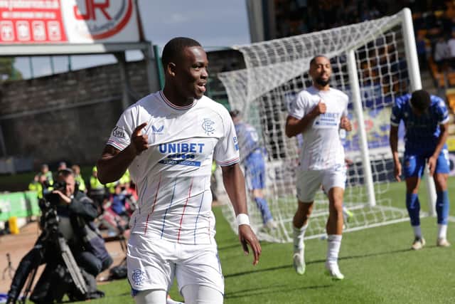 Rabbi Matondo celebrates after scoring Rangers' second goal in the win over St Johnstone.
