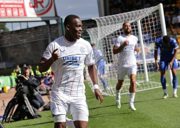 Rabbi Matondo celebrates after scoring Rangers' second goal in the win over St Johnstone.