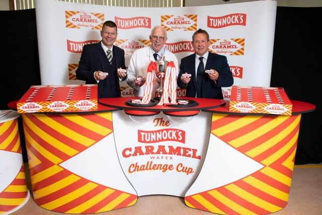 Thomas Tunnock Limited were sponsors of the Scottish Challenge Cup for the 2019/20 season.
Pictured (L-R): SPFL Chief Executive Neil Doncaster, Sir Boyd Tunnock, owner of Thomas Tunnock Limited, and former Scotland player Billy Dodds
