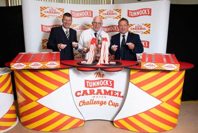 Thomas Tunnock Limited were sponsors of the Scottish Challenge Cup for the 2019/20 season.
Pictured (L-R): SPFL Chief Executive Neil Doncaster, Sir Boyd Tunnock, owner of Thomas Tunnock Limited, and former Scotland player Billy Dodds