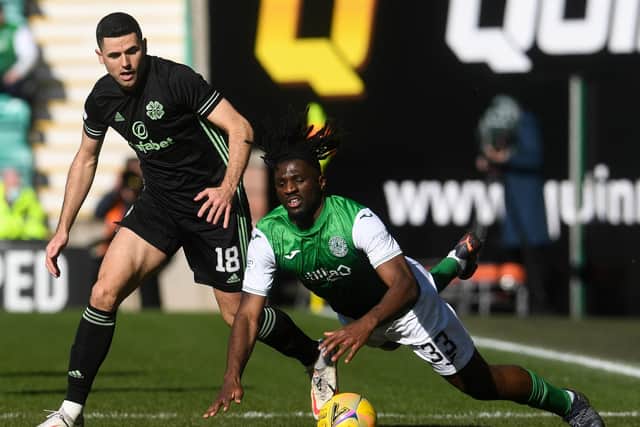 Celtic's Tom Rogic and Bushiri battle during a 0-0 draw at Easter Road last season.