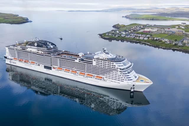 The Maltese-flag MSC Virtuosa became the largest cruise ship yet to visit Lerwick Harbour when it arrived in the Shetland port on Monday on a maiden visit. Picture: Dave Donaldson