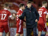 Rangers manager Steven Gerrard (right) with Jonny Hayes at full time during a Scottish Premiership match between Aberdeen and Rangers at Pittodrie, on January 10, 2021, in Aberdeen, Scotland. (Photo by Craig Williamson / SNS Group)