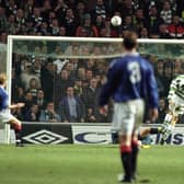 Rangers substitute Peter Van Vossen misses an open goal at Celtic Park in November 1996.