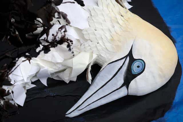 A giant effigy of a gannet, a species for which Scotland is a global stronghold, was splattered with 'oil' to highlight risks to internationally important seabirds. Picture: Jeff J Mitchell/Getty Images