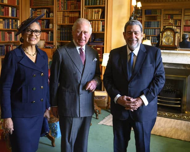 King Charles III poses during an audience with the Prime Minister of St Vincent and the Grenadines, Ralph Gonsalves, and Mrs Eloise Gonsalves, at Balmoral Castle. Picture: John Linton-Pool/Getty Images