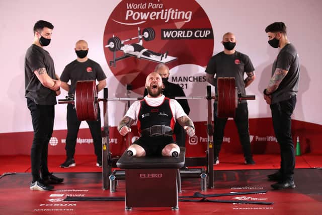 Micky Yule prepares for a lift on his way to claiming powerlifting bronze at the Tokyo Paralympics. (Photo by Alex Pantling/Getty Images)
