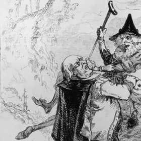 A man attempts to carry off a supposed witch in this circa 1600 engraving by J Simpson (Hulton Archive/Getty Images)