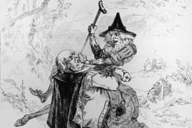A man attempts to carry off a supposed witch in this circa 1600 engraving by J Simpson (Hulton Archive/Getty Images)