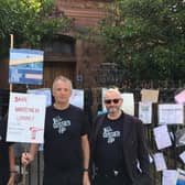 Campaigners: Maureen Cannell, Robert Mellish and local concept artist 'Mavis Banksy" outside Whiteinch Library.