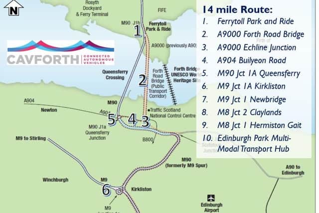 The planned autonomous bus route over the Forth Road Bridge and via the M90, M9 and M8 to Edinburgh Park. Picture: Transport Scotland