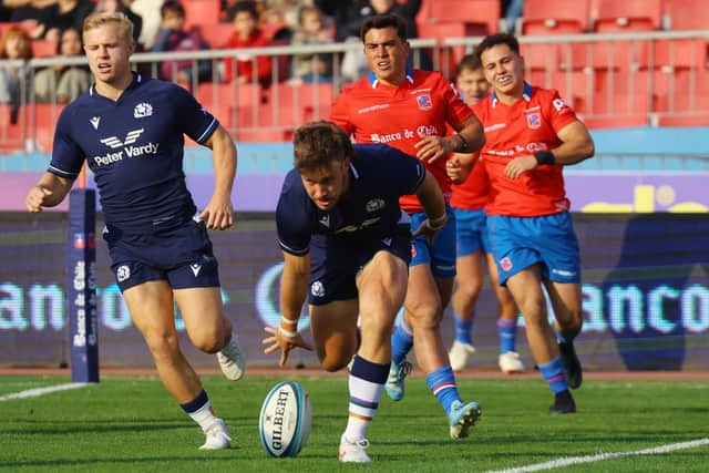 Kyle Rowe in try-scoring form for Scotland against Chile on the summer tour. (Photo by Marcelo Hernandez/Getty Images for Scottish Rugby)