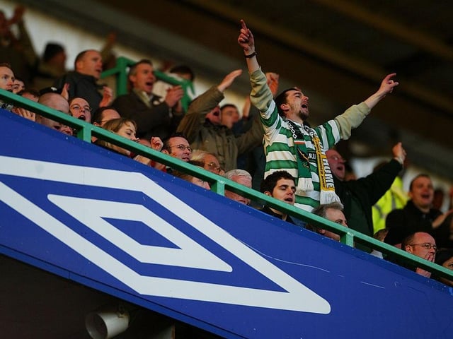 Celtic fans during the Scottish premier league match between Celtic and Dundee Utd at Celtic Park on Valentine's Day 2004.