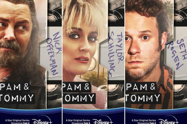 Parks and Recreation's Nick Offerman, Orange Is The New Black's Taylor Schilling, and Superbad's Seth Rogen star alongside the lead actors. Photo: Disney / Hulu.
