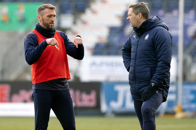 Co-managers Lee MIller and David McCracken during a Falkirk training session at The Falkirk Stadium on April 01, 2021, in Falkirk, Scotland. (Photo by Alan Harvey / SNS Group)