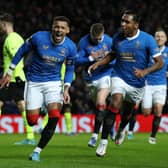 Rangers captain James Tavernier celebrates after scoring his team's first goal against Borussia Dortmund at Ibrox in the second leg of the Europa League knockout round play-off tie. (Photo by Ian MacNicol/Getty Images)