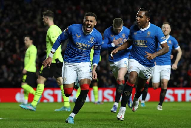 Rangers captain James Tavernier celebrates after scoring his team's first goal against Borussia Dortmund at Ibrox in the second leg of the Europa League knockout round play-off tie. (Photo by Ian MacNicol/Getty Images)