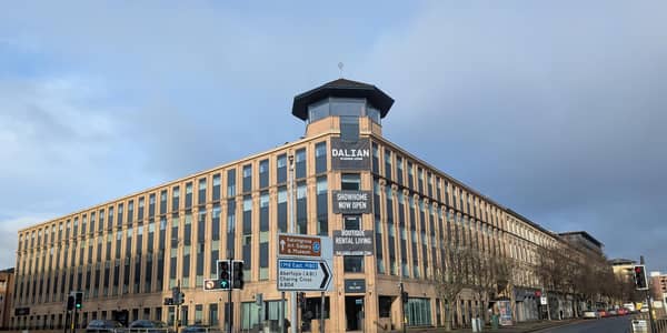 The front of Dalian House, adjacent to the M8 motorway at St Vincent Street, Glasgow city centre.