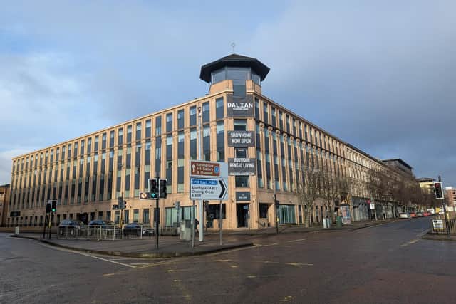 The front of Dalian House, adjacent to the M8 motorway at St Vincent Street, Glasgow city centre.