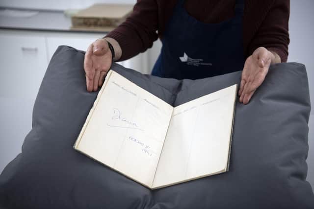 The visitor book from Milestone House in Edinburgh signed by Diana, Princess of Wales, in 1991.