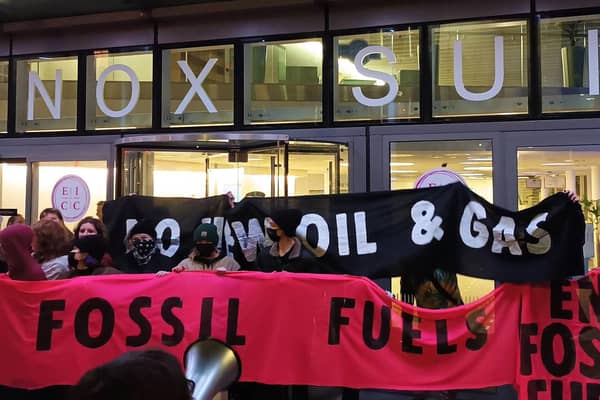 Extinction Rebellion Scotland protesters calling for an end to the fossil fuel industry as they demonstrate outside the Scottish Energy Forum annual dinner at the Edinburgh International Conference Centre.