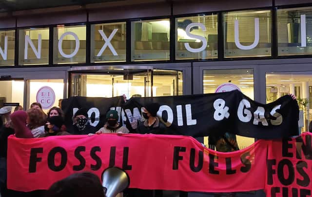 Extinction Rebellion Scotland protesters calling for an end to the fossil fuel industry as they demonstrate outside the Scottish Energy Forum annual dinner at the Edinburgh International Conference Centre.