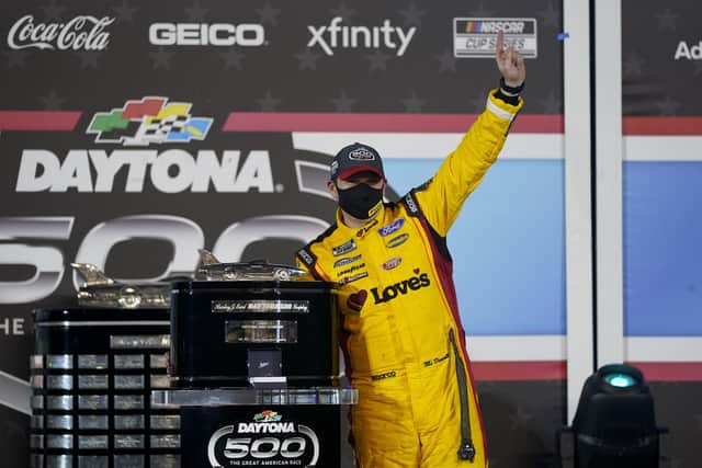 Michael McDowell celebrates after his Daytona 500 victory. Picture: John Raoux/AP