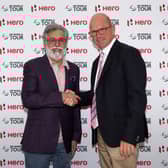 Dr Pawan Munjal, Chairman and CEO of Hero MotoCorp, and Guy Kinnings, European Ryder Cup Director and the DP World Tour’s Deputy CEO and Chief Commercial Officer, shake on the new Hero Cup. Picture: Warren Little/Getty Images.