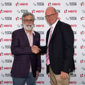 Dr Pawan Munjal, Chairman and CEO of Hero MotoCorp, and Guy Kinnings, European Ryder Cup Director and the DP World Tour’s Deputy CEO and Chief Commercial Officer, shake on the new Hero Cup. Picture: Warren Little/Getty Images.
