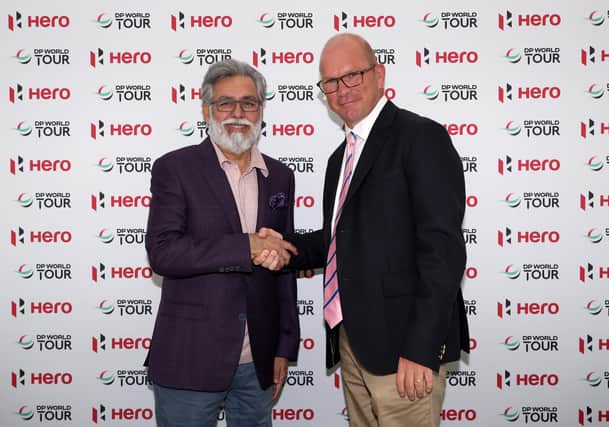 Dr Pawan Munjal, Chairman and CEO of Hero MotoCorp, and Guy Kinnings, European Ryder Cup Director and the DP World Tour’s Deputy CEO and Chief Commercial Officer, shake on the new Hero Cup. Picture: Warren Little/Getty Images.