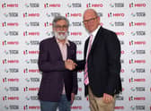 Dr Pawan Munjal, Chairman and CEO of Hero MotoCorp, and Guy Kinnings, European Ryder Cup Director and the DP World Tour’s Deputy CEO and Chief Commercial Officer, shake on the new Hero Cup. Picture: Warren Little/Getty Images.