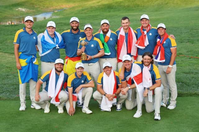Captain Luke Donald and Team Europe pose with the Ryder Cup after their victory at Marco Simone Golf & Country Club in Rome. Picture: Andrew Redington/Getty Images.