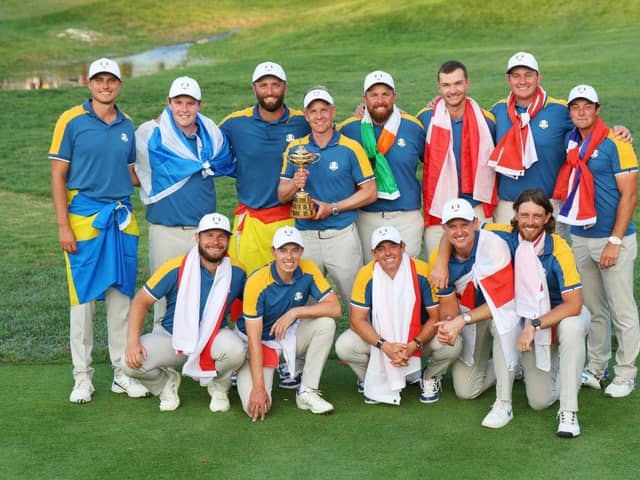 Captain Luke Donald and Team Europe pose with the Ryder Cup after their victory at Marco Simone Golf & Country Club in Rome. Picture: Andrew Redington/Getty Images.