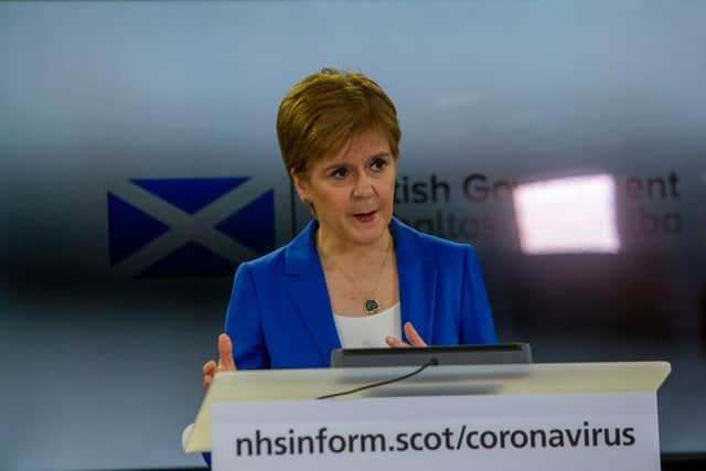 Then first minister Nicola Sturgeon gives a Covid-19 press briefing at St Andrews House on March 27 2020 (Picture: Michael Schofield - WPA Pool/Getty Images)