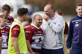 Man of the match Cal Davies with his Watsonians manager Fergus Pringle during a FOSROC Super6 match between Southern Knights and Watsonians at The Greenyards.