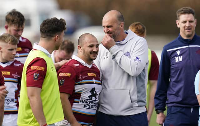 Man of the match Cal Davies with his Watsonians manager Fergus Pringle during a FOSROC Super6 match between Southern Knights and Watsonians at The Greenyards.