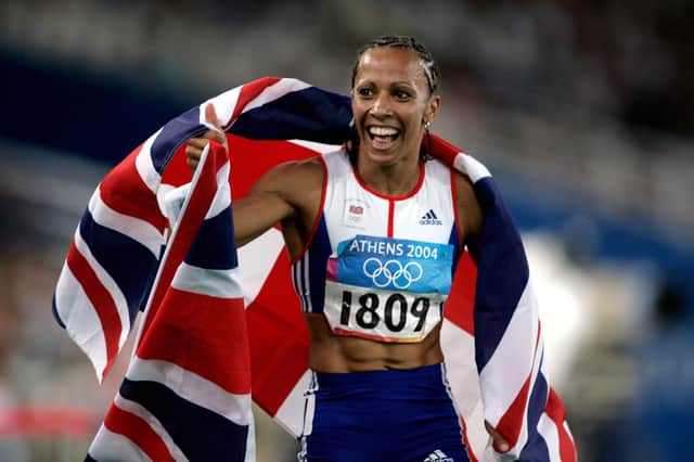 Kelly Holmes celebrating winning the 1500m event at the 2004 Olympics in Athens. Picture: Phil Noble/PA