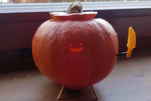 To cut out the effort of carving an elaborate face this Halloween you could just carve... less face? Couple it with details like a knife made out of pumpkin flesh and you're sure to be the only one in the neighbourhood with this pumpkin style - low effort but big results on being adorable and a bit cheeky.