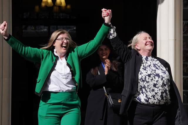 Susan Smith (left) and Marion Calder (right), co-directors of For Women Scotland, celebrate outside the Supreme Court in London after terms "woman" and "sex" in the Equality Act refer to a biological woman and biological sex, the Supreme Court has ruled. Photo: Lucy North/PA Wire