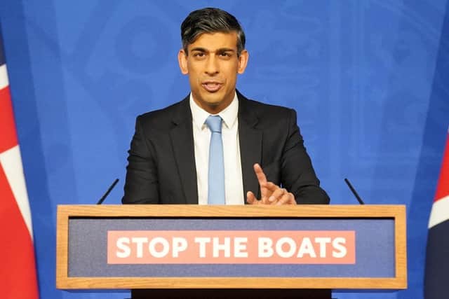 Britain's Prime Minister Rishi Sunak hosts a press conference inside the Downing Street Briefing Room, in central London in January, following the passing of the government's Rwanda Bill in the House of Commons.