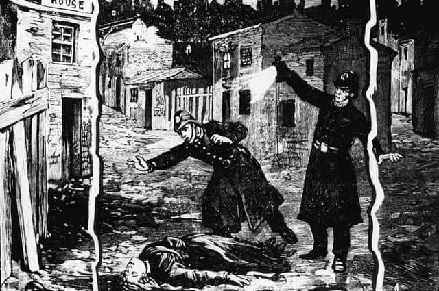 Illustration shows the police discovering the body of one of Jack the Ripper's victims