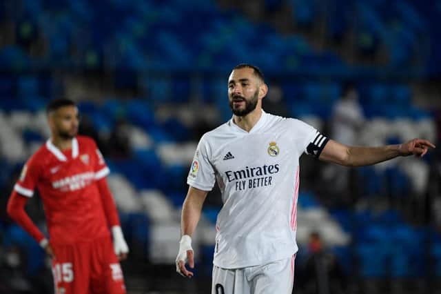 Real Madrid's French forward Karim Benzema. (Photo by PIERRE-PHILIPPE MARCOU / AFP) (Photo by PIERRE-PHILIPPE MARCOU/AFP via Getty Images)