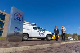 Alan Lees, director for business, BT in Scotland and Mary Morgan, chief executive of NHS National Services Scotland (NSS) at the Jack Copland Centre, Scottish National Blood Transfusion Service in Edinburgh. Picture: Jeff Holmes