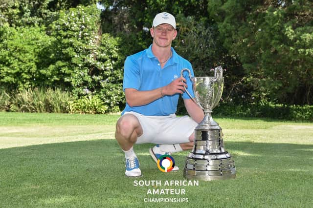 Blairgowrie's Gregor Graham shows off the South African Amateur Championship trophy after his win at Royal Johannesburg. Picture: GolfRSA