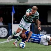 Kilmarnock forward Kyle Vassell falls under the challenge of Celtic's Carl Starfelt during the 4-1 defeat at Rugby Park.