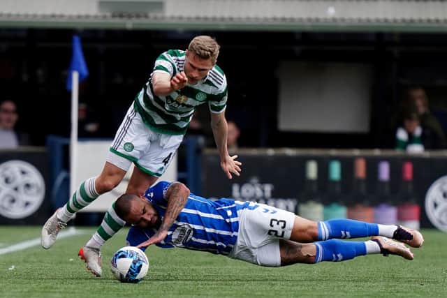 Kilmarnock forward Kyle Vassell falls under the challenge of Celtic's Carl Starfelt during the 4-1 defeat at Rugby Park.